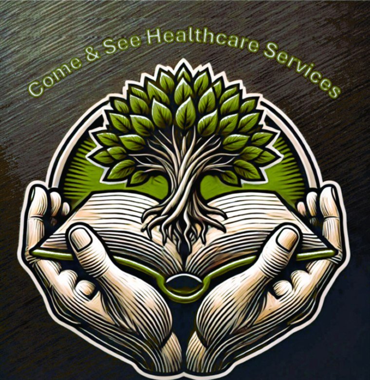 The Come & See Healthcare Services emblem: a tree growing from an open book, held in cupped hands